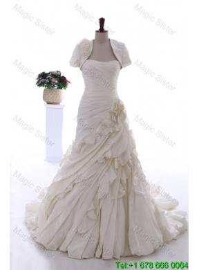 Exquisite Hand Made Flowers and Ruffles Wedding Dresses with Brush Train