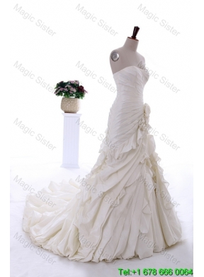 Exquisite Hand Made Flowers and Ruffles Wedding Dresses with Brush Train