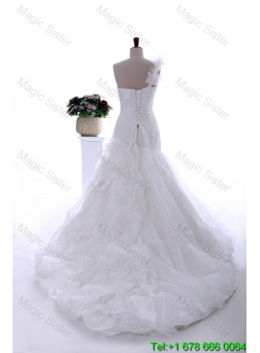 Gorgeous Hand Made Flowers and Ruffles Brush Train Wedding Dresses