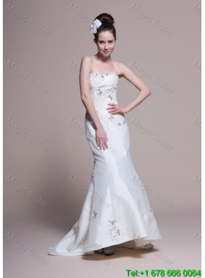 Mermaid Strapless Brush Train Romantic Wedding Dresses with Appliques