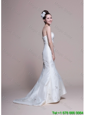 Mermaid Strapless Brush Train Romantic Wedding Dresses with Appliques