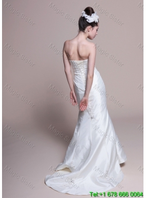 Mermaid Strapless Brush Train Romantic Wedding Dresses with Appliques