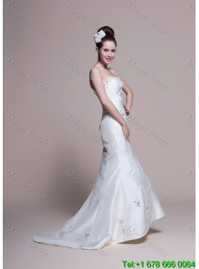 Mermaid Strapless Brush Train Romantic Wedding Dresses with Appliques