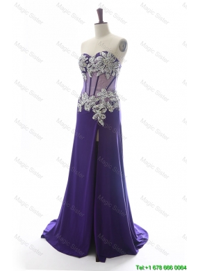 Gorgeous Sweetheart Beading Brush Train Prom Dresses in Purple