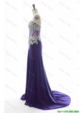 Gorgeous Sweetheart Beading Brush Train Prom Dresses in Purple