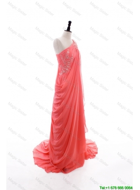 2016 Fall Empire One Shoulder Brush Train Prom Dresses in Watermelon