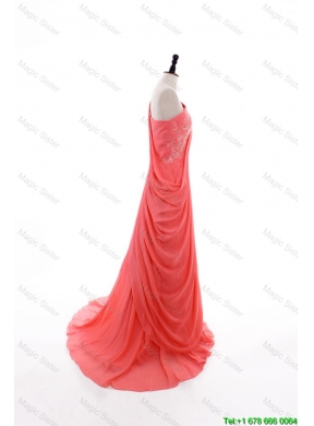 2016 Fall Empire One Shoulder Brush Train Prom Dresses in Watermelon