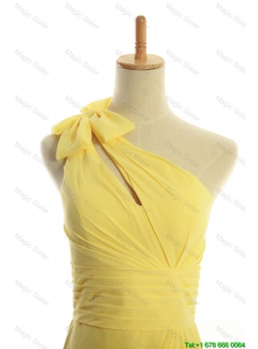 Classical One Shoulder Long Yellow Prom Dresses with Bowknot