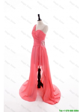 Gorgeous Column One Shoulder Watermelon Prom Dresses with Ruching