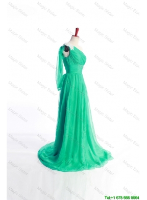 Affordable Appliques Green Long Prom Dress with Sweep Train for 2016