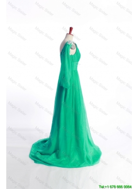 Affordable Appliques Green Long Prom Dress with Sweep Train for 2016