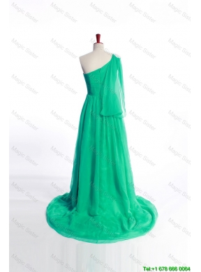 Affordable Appliques Green Long Prom Dress with Sweep Train for 2016