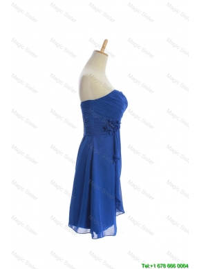 Customize Hand Made Flowers and Ruching Short Prom Dresses in Royal Blue