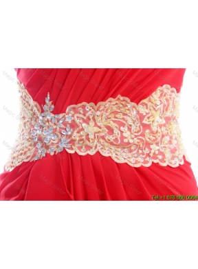 Sexy Appliques and Ruffles One Shoulder Prom Dresses with Sweep Train