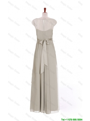 Simple Bateau Grey Long Prom Dresses with Beading and Sashes