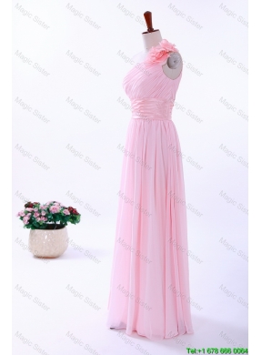 Custom Made Empire One Shoulder Hand Made Flowers Prom Dresses in Baby Pink