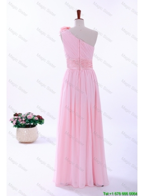 Custom Made Empire One Shoulder Hand Made Flowers Prom Dresses in Baby Pink