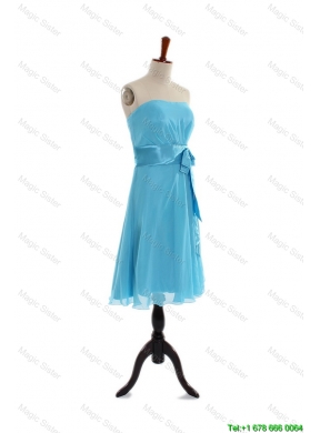 Discount Belt and Bowknot Short Prom Dress in Aqua Blue for 2016