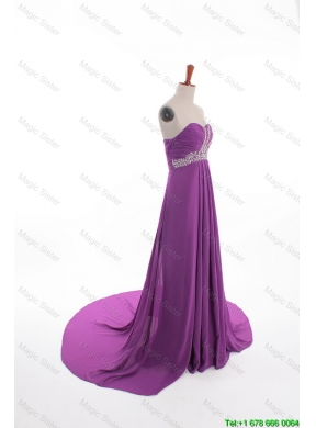 Fashionable Beaded Court Train Prom Dresses in Eggplant Purple