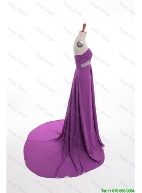 Fashionable Beaded Court Train Prom Dresses in Eggplant Purple