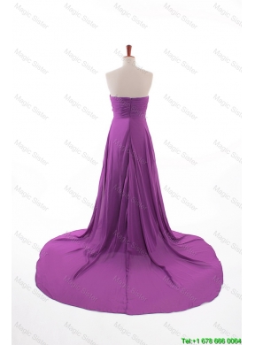 Fashionable Beaded Court Train Prom Dresses in Eggplant Purple