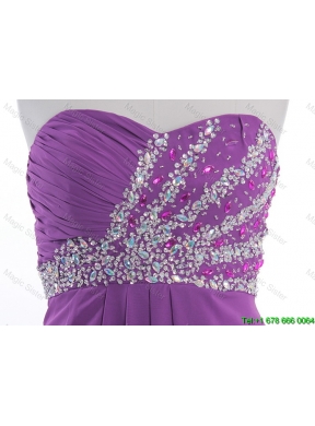 Fashionable Beaded Court Train Prom Dresses in Eggplant Purple