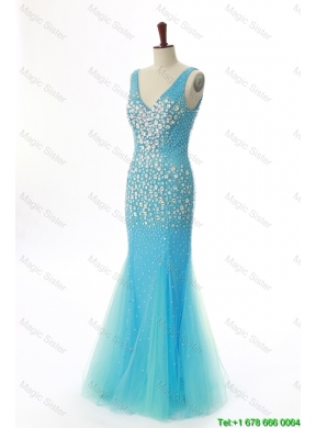 Sexy Mermaid V Neck Backless Beading Long Prom Dresses for 2016