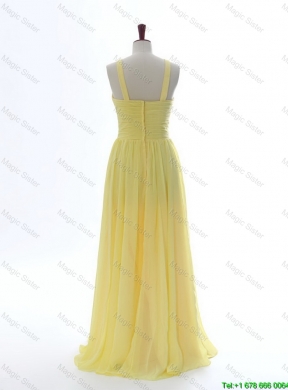 Simple 2016 Scoop Chiffon Yellow Prom Dresses with Sweep Brain