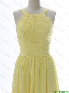 Simple 2016 Scoop Chiffon Yellow Prom Dresses with Sweep Brain