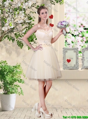 Feminine A Line Hand Made Flowers Bridesmaid Dresses in Champagne