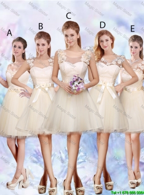 Feminine A Line Hand Made Flowers Bridesmaid Dresses in Champagne