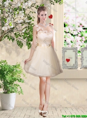 Feminine A Line Hand Made Flowers Bridesmaid Dresses in Champagne