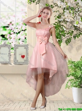 Affordable A Line One Shoulder Appliques Bridesmaid Dresses in Pink