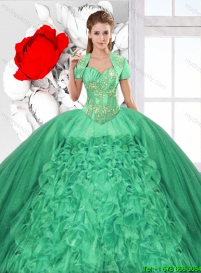 2015 Winter Fashionable Ruffles and Beaded Quinceanera Dresses in Green