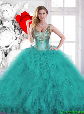 2016 Summer Gorgeous Beading Scoop Teal Sweet 16 Dresses with Ruffles