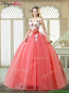 Elegant Watermelon Quinceanera Dresses with Hand Made Flowers