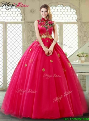 Exclusive High Neck Quinceanera Gowns in Coral Red