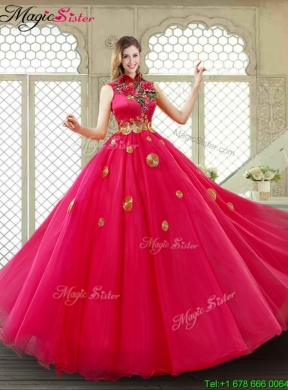 Exclusive High Neck Quinceanera Gowns in Coral Red