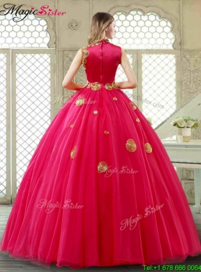 Exclusive High Neck Quinceanera Gowns in Coral Red