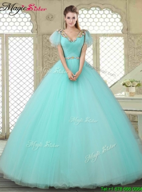 Exquisite V Neck Mint Sweet 16 Dresses with Appliques