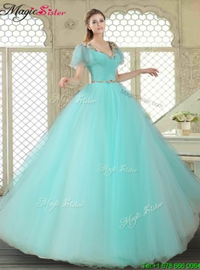 Exquisite V Neck Mint Sweet 16 Dresses with Appliques