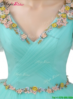 Exquisite V Neck Mint Sweet 16 Dresses with Appliques