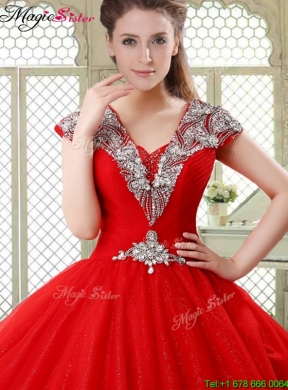 Exquisite Ball Gown Beading Sweet 16 Dresses with V Neck