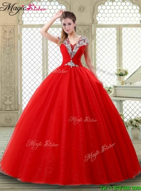 Exquisite Ball Gown Beading Sweet 16 Dresses with V Neck