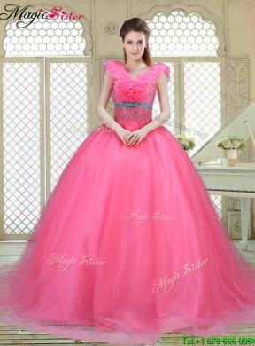 Fashionable Brush Train Quinceanera Dresses in Hot Pink