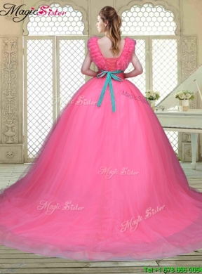 Fashionable Brush Train Quinceanera Dresses in Hot Pink