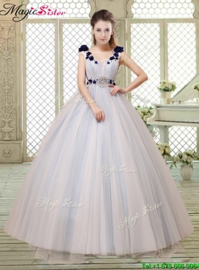 Pretty Champagne Straps Quinceanera Gowns with Belt and Appliques