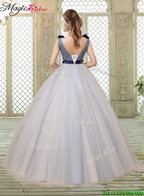 Pretty Champagne Straps Quinceanera Gowns with Belt and Appliques