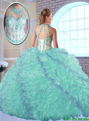 2016 Cheap Appliques and Ruffles Quinceanera Gowns with High Neck