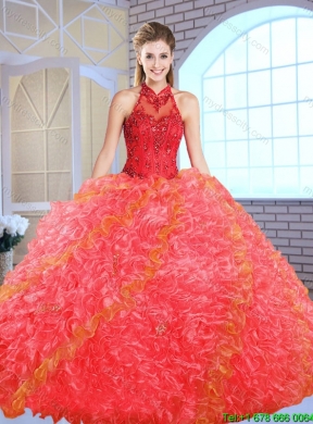 2016 Cheap Appliques and Ruffles Quinceanera Gowns with High Neck